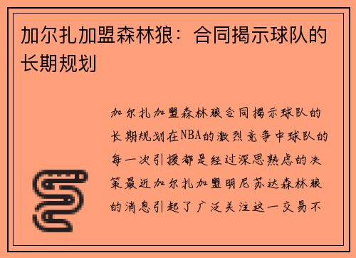 加尔扎加盟森林狼：合同揭示球队的长期规划