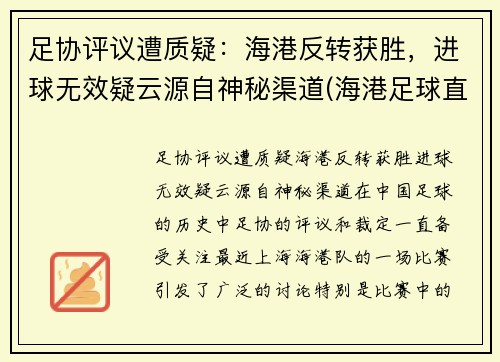 足协评议遭质疑：海港反转获胜，进球无效疑云源自神秘渠道(海港足球直播)