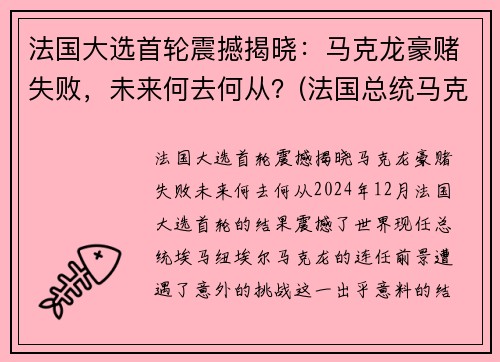 法国大选首轮震撼揭晓：马克龙豪赌失败，未来何去何从？(法国总统马克龙被打脸)